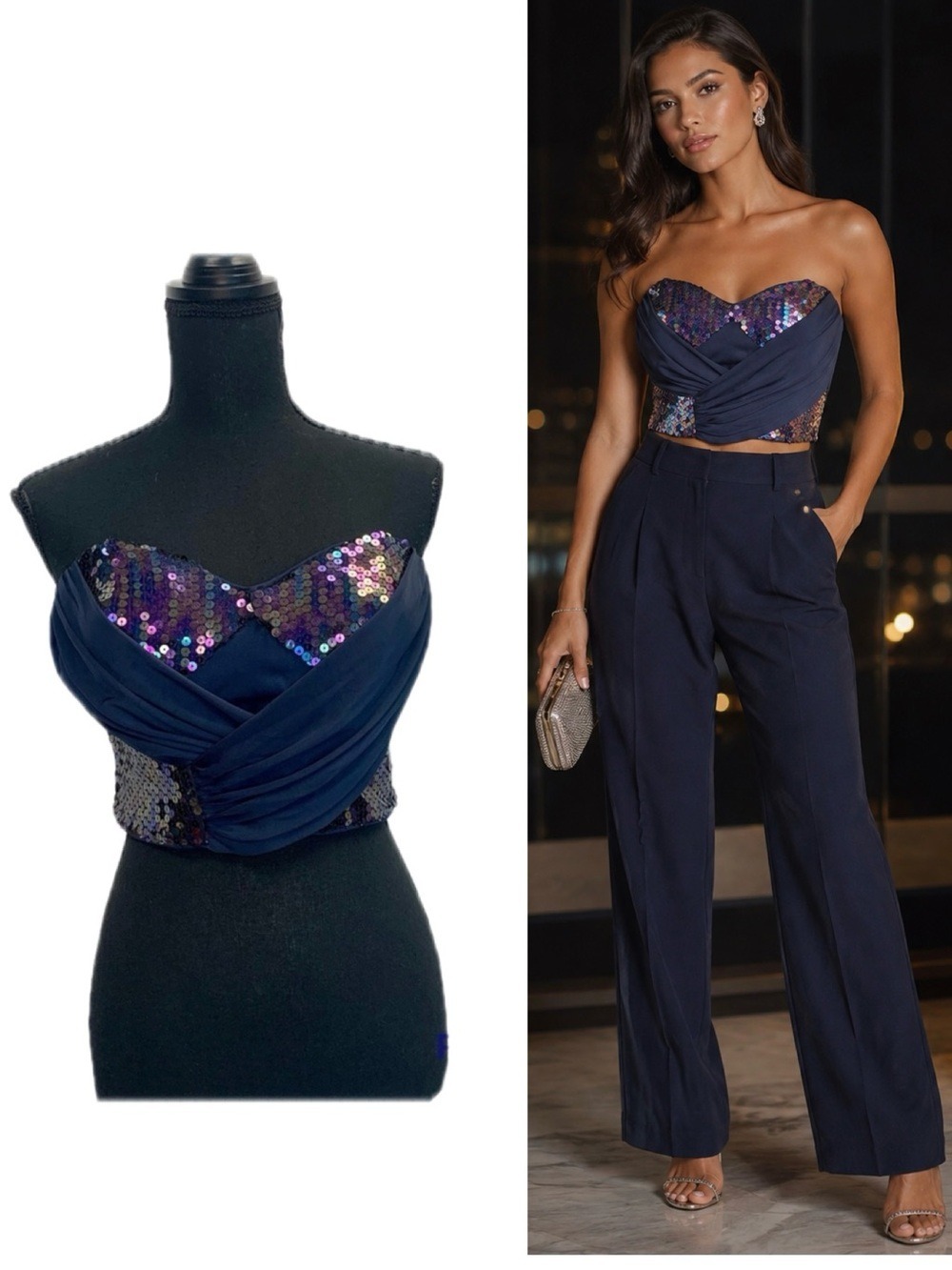 BEBE Navy blue purple sequin wrap draped sweetheart bustier corset crop top Sz L
